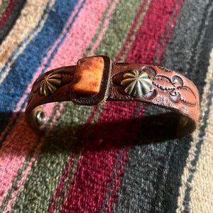 Dusty Leather , Medium Cuff Bracelet with a Coral covered Stone and Silver Beads